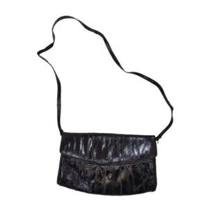Vintage Genuine Black Eel Skin Rare Adjustable Strap Snap Buttons Shoulder Bag